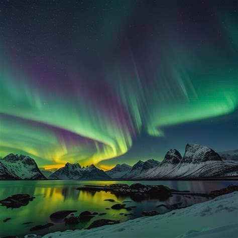 Premium AI Image | Green and purple aurora borealis over snowy mountains Northern lights in ...