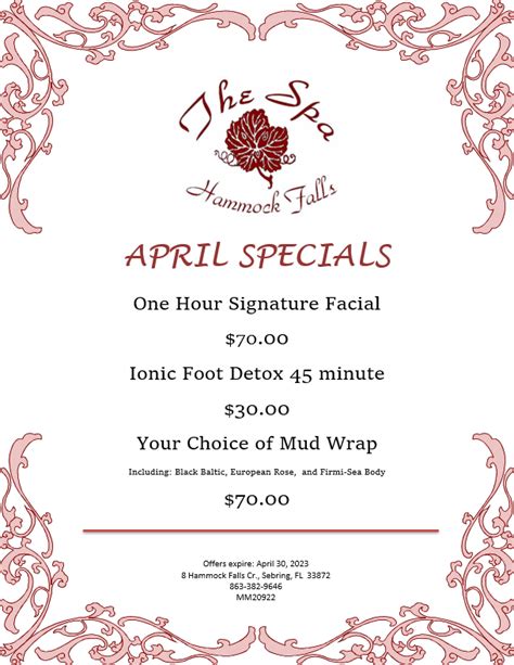 2023 April Spa Specials | The Spa at Hammock Falls.