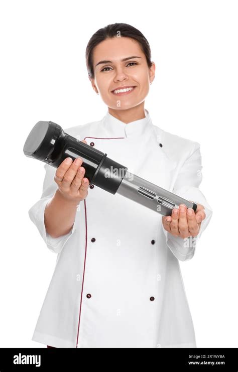 Chef holding sous vide cooker on white background Stock Photo - Alamy