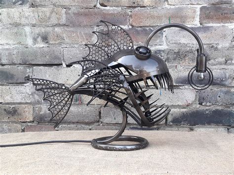 Table lamp Angler fish. Art Metal sculpture. Steampunk lamp. Statuette Metal Angler fish. Art ...