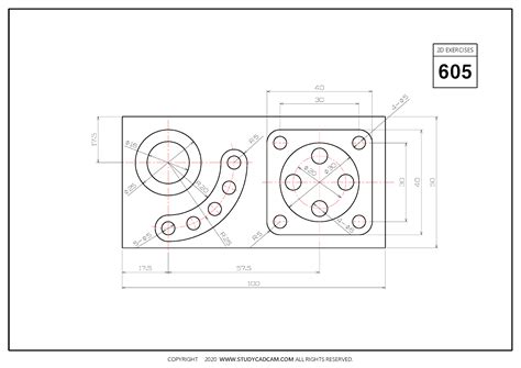 2D CAD EXERCISES 605 - STUDYCADCAM Autocad Isometric Drawing, Mechanical Engineering Design ...
