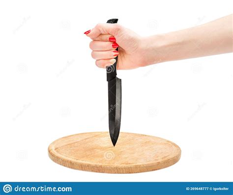 Woman Hand Holding Kitchen Knife Over Cutting Board. Isolated on White Stock Image - Image of ...