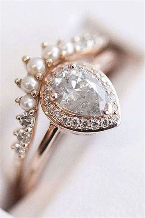 Rose Gold Tear Drop Diamond Wedding Ring Paired With a Pearl Wedding Band... … | Beautiful ...