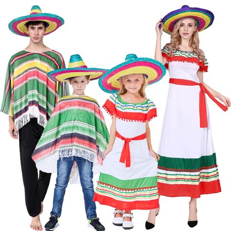 Halloween Adults Kids children stripe Mexico costume dress Cape Straw hat Mexican Poncho Cosplay ...