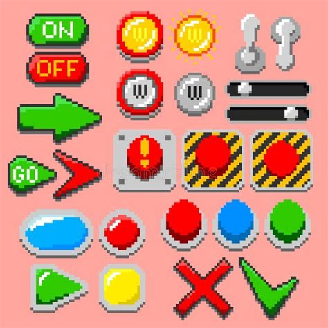 pixel style icons and buttons for the game on pink background with red, yellow, green and