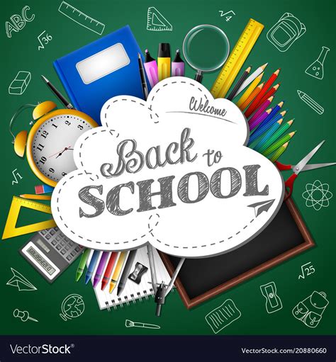 Cartoon school supplies on background whiteboard Vector Image