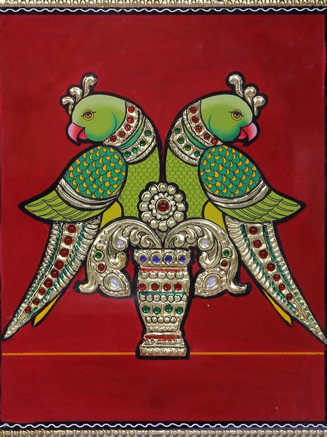 Pair of Parrot Tanjore Painting | Traditional Colors With 24K Gold ...