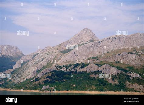 View of the Riaño reservoir and surrounding mountains range, Riaño, Castile and León, Spain ...