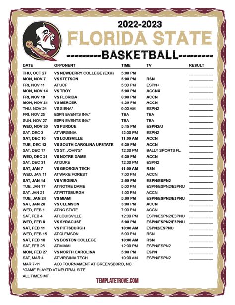 Printable 2022-2023 Florida State Seminoles Basketball Schedule