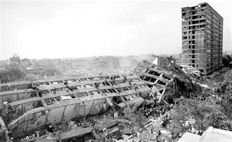 The collapsed remains of the Edificio Nuevo León after the 1985 Mexico City earthquake ...