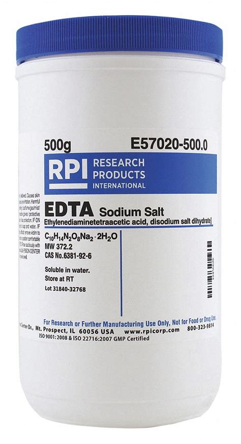 RPI EDTA Disodium Salt: 500 g Container Size, Powder - 31FY14|E57020-500.0 - Grainger