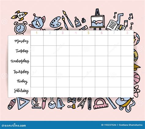 School Timetable Schedule Template. Student Lesson Chart Plan or Weekly Study Planner with ...