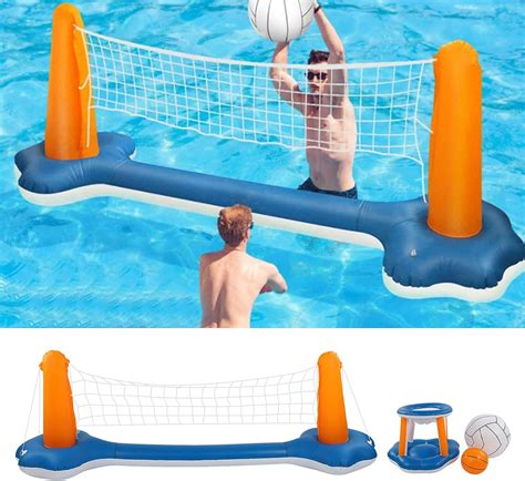 Amazon.com: Inflatable Volleyball Net & Basketball Hoops Pool Set ...