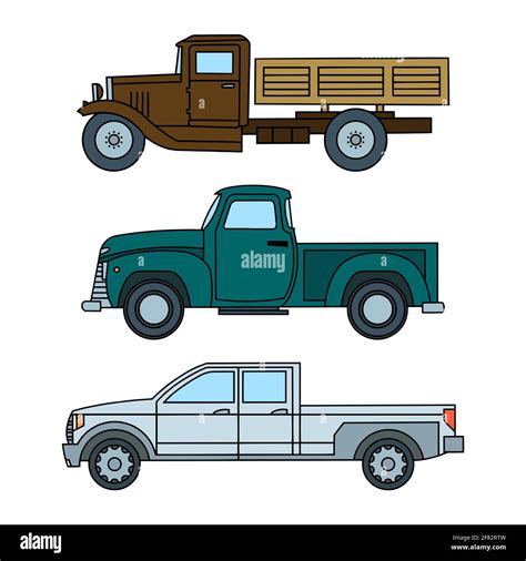 Set of colored vintage toy trucks. Side view. Vector clipart Stock ...