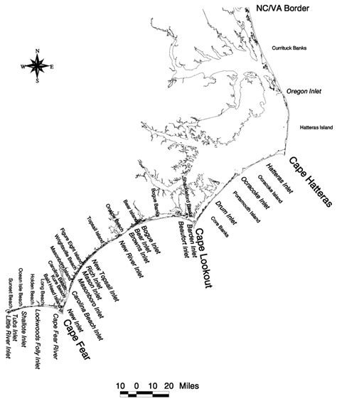 Map showing the location of inlets and barrier islands along the North ...