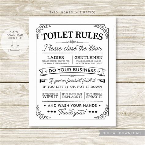 Toilet Rules PRINTABLE Wall Art Above Toilet Loo Sign Fun | Etsy