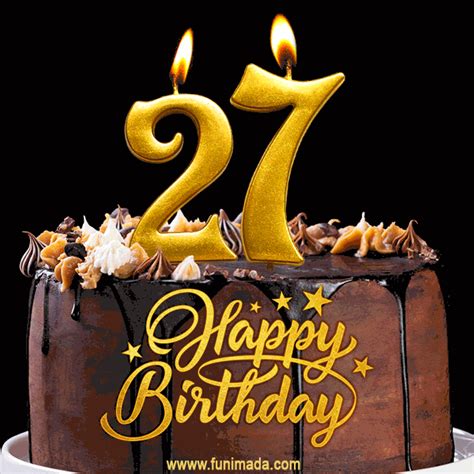 27 Birthday Chocolate Cake with Gold Glitter Number 27 Candles (GIF) | Funimada.com