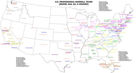 Map of All U.S. Professional Baseball Teams (Major, AAA, AA, A Leagues ...