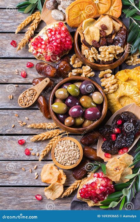 Tu Bishvat Holiday Symbols - Dried Fruits, Pomegranate, Barley, Wheat Stock Image - Image of ...