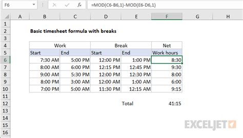 Basic timesheet formula with breaks - Excel formula | Exceljet