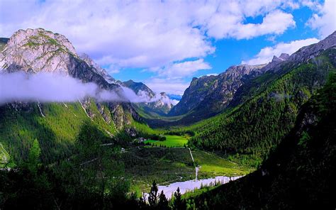 HD wallpaper: green mountain, mountains, forest, valley, clouds, nature, landscape | Wallpaper Flare