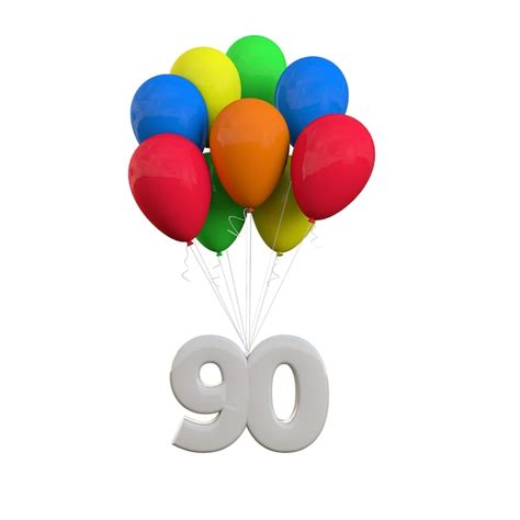 Premium Photo | Number 90 party celebration number attached to a bunch of balloons 3d rendering