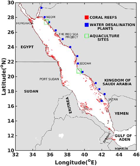 General map of the Red Sea illustrating the locations of coral reefs,... | Download Scientific ...