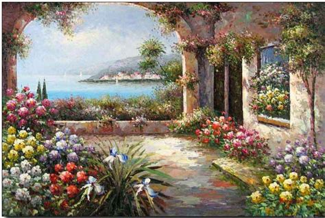 Mediterranean oil painting,Mediterranean View Through Archway