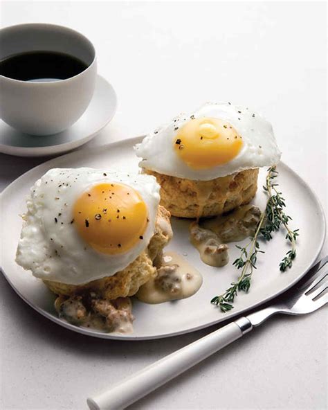 Southern Fried Eggs Over Buttermilk Biscuits with Sausage Gravy Recipe | Martha Stewart