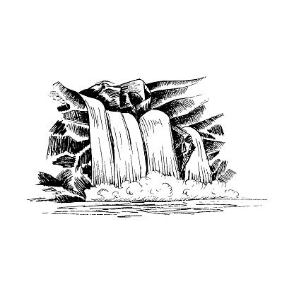 Waterfall Vector Sketch Cascade Waterfall In The Rocks Handdrawn Vector ...