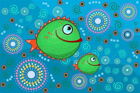 Underwater Life Concept Aboriginal Dot Art Painting Featuring Fish Vector, Print, River, Paper ...