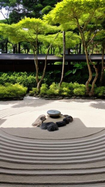 Premium AI Image | a circular rock garden with trees and a building in the background