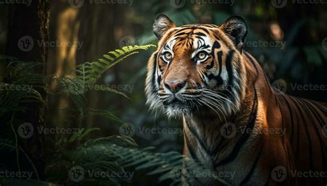 Bengal tiger staring, hiding in tropical rainforest, beauty in nature generated by AI 24615855 ...