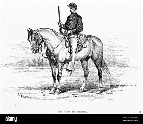 The Mounted Sentinel. A Union Army cavalry vidette. 19th century American Civil War illustration ...