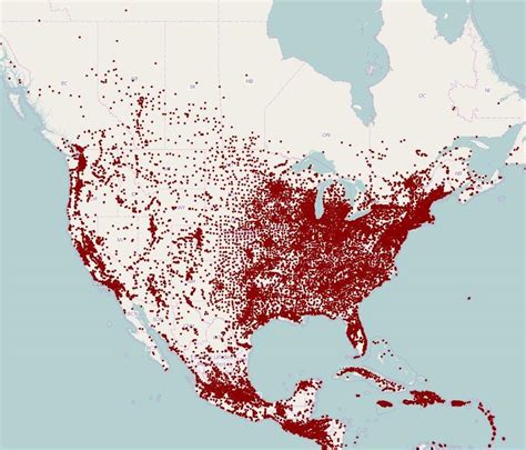 Map of North America but red dots represent where the most dumb ...