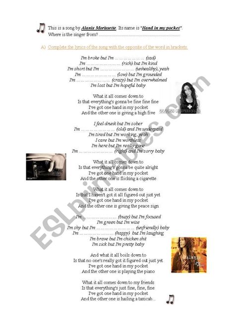 Hand in my pocket by Alanis Morissette - ESL worksheet by Jorgelinaac