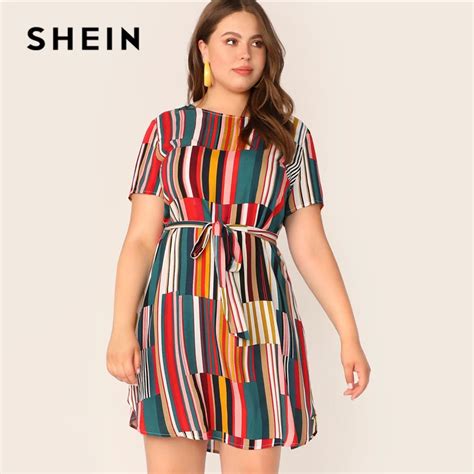 SHEIN Plus Size Colorblock Belted Curved Hem Dress 2019 Women Summer ...