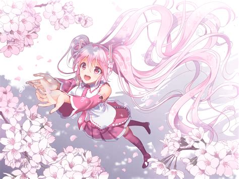 aliasing cherry_blossoms flowers hatsune_miku long_hair petals pink_eyes pink_hair sakura_miku ...