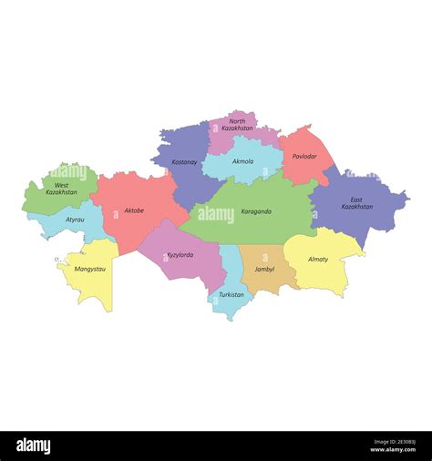 High quality colorful labeled map of Kazakhstan with borders of the regions Stock Vector Image ...