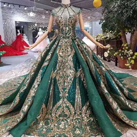 LG116 luxury green Arabic Evening Gown with chapel train | Wedding ...