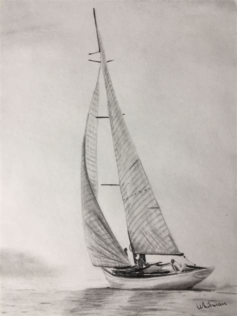 $30 Sailing yacht sketch, full sails, misty shore, water reflections ...