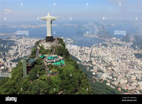 Aerial View of Christ the Redeemer in Rio de Janeiro with Sugar Loaf ...