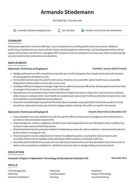 Optometric Technician Resume (CV) Example and Writing Guide