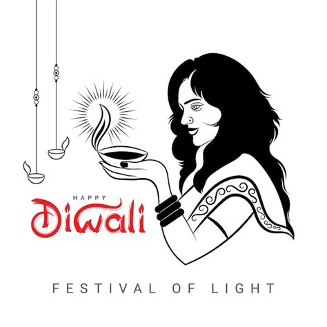 Premium Vector | Happy Diwali greeting with india woman hand diya lamp outline sketch