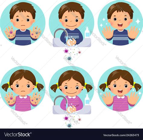 Kids washing and cleaning hands with bubbles soap Vector Image