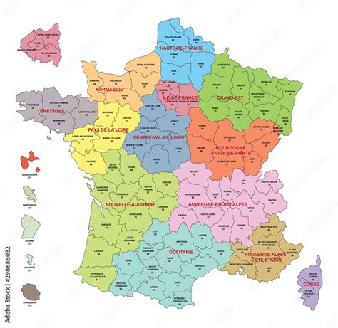 Carte de France avec départements et régions comprenant les ...