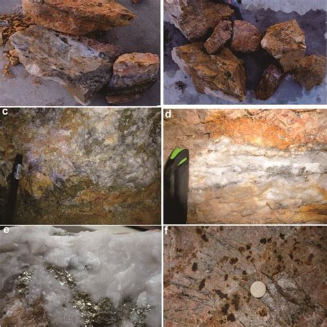 8: Photographs showing gangue minerals in the deposit (a) mostly quartz... | Download Scientific ...