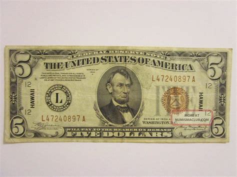 1934a Five Dollar Paper Federal Reserve Note - Hawaii Brown Note