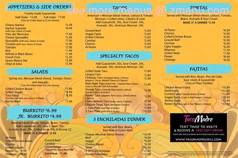 Menu at Taco Madre fast food, Naperville