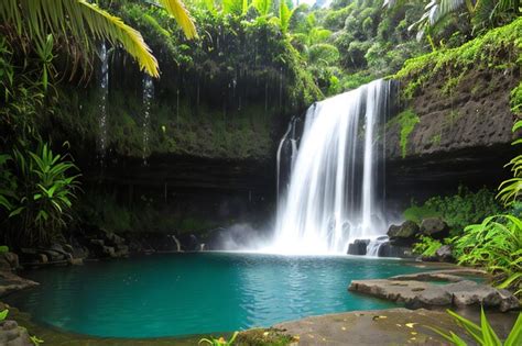 Premium AI Image | a waterfall in the middle of a lush green forest